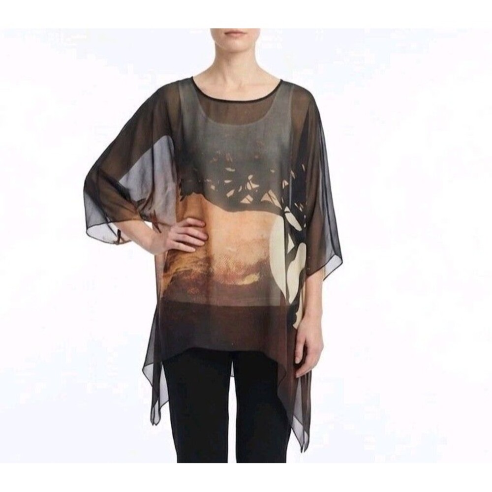 Womens SHEER Tunic Top OS brown Earthy Asymmetric Hem Fairie Lagenlook Boho